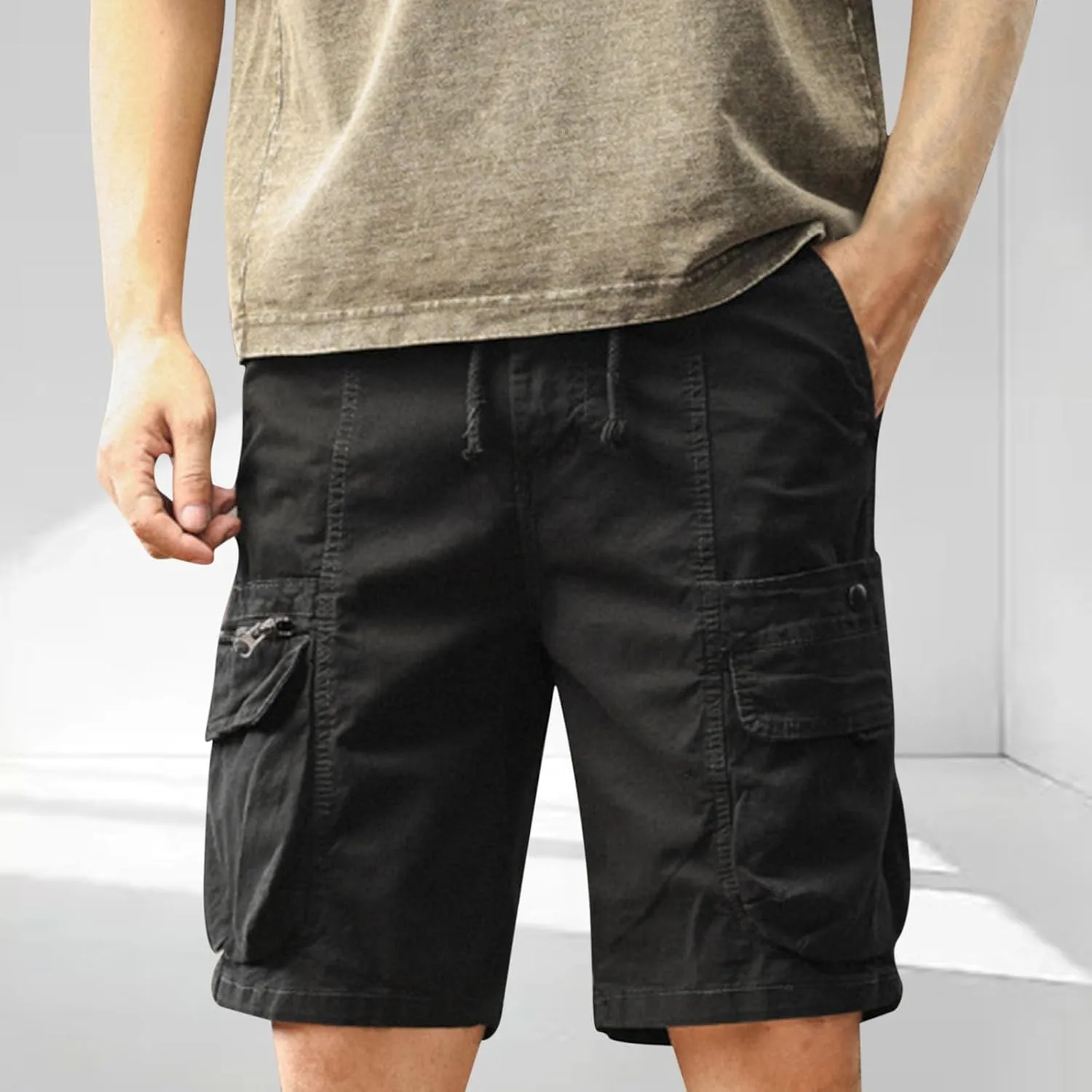 Cargo Shorts for Men Drawstring Waist Casual Lightweight Relaxed Fit Hiking Outdoor Work Shorts with Multi Pockets