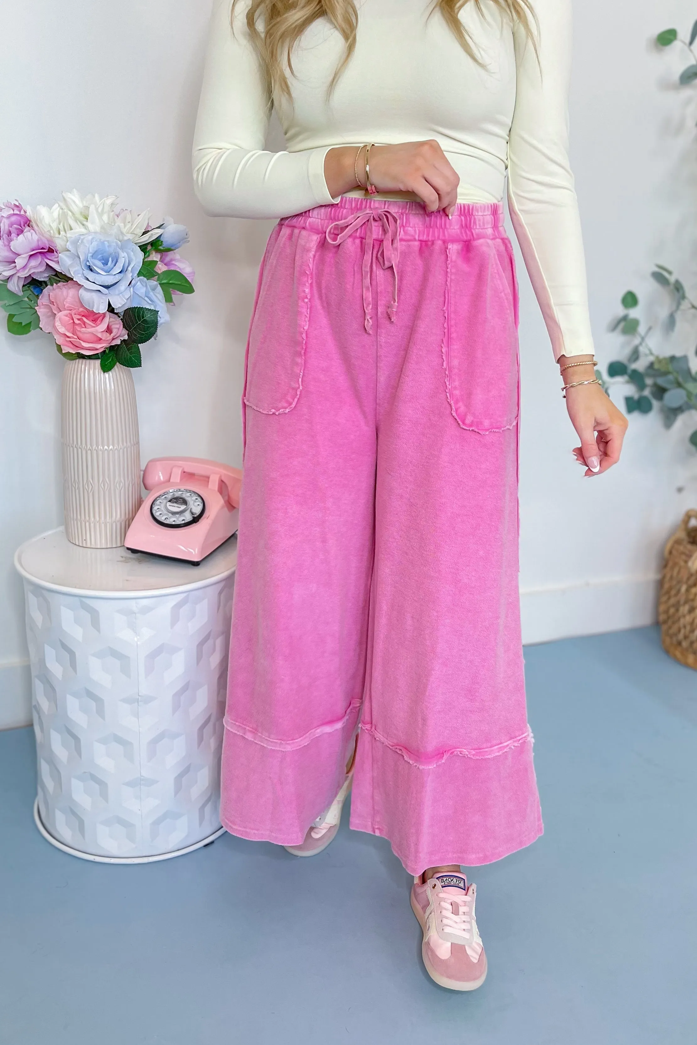 Caris Mineral Washed Upside Down Terry Knit Wide Leg Palazzo Pants