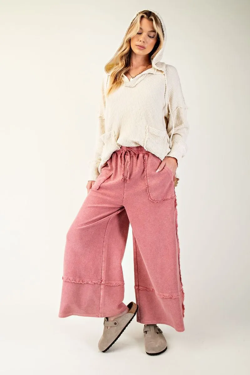 Caris Mineral Washed Upside Down Terry Knit Wide Leg Palazzo Pants