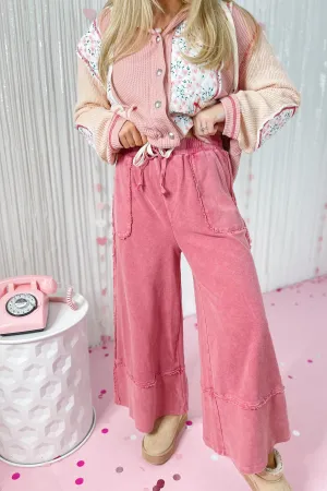 Caris Mineral Washed Upside Down Terry Knit Wide Leg Palazzo Pants