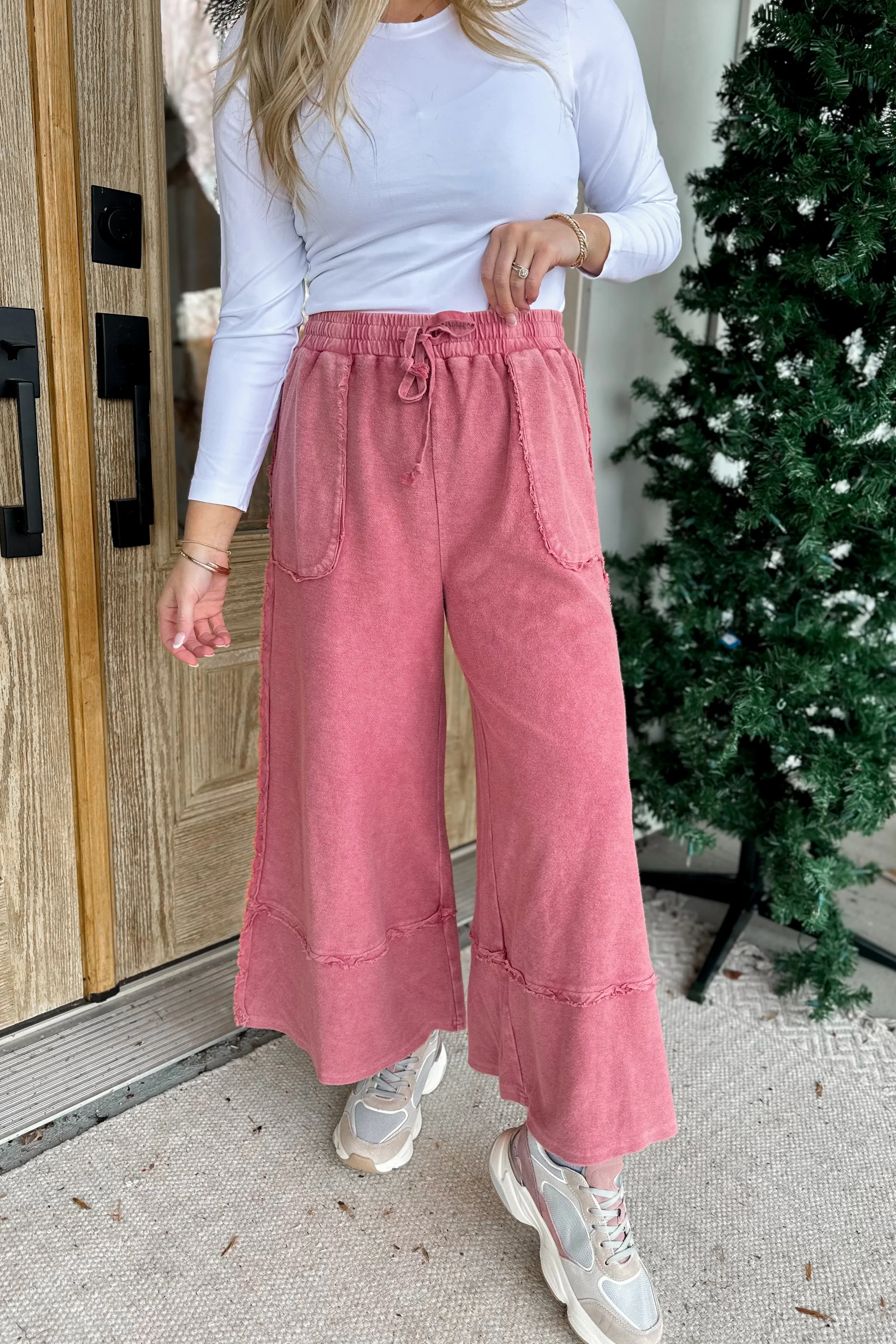 Caris Mineral Washed Upside Down Terry Knit Wide Leg Palazzo Pants