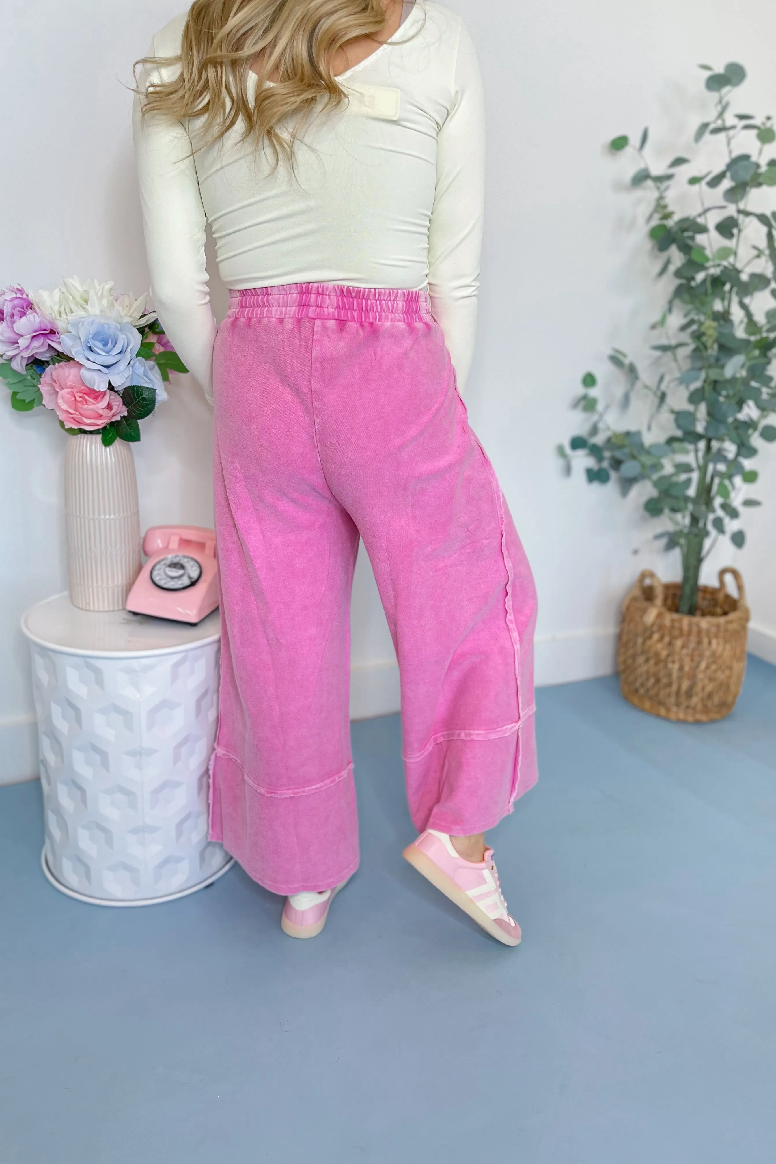 Caris Mineral Washed Upside Down Terry Knit Wide Leg Palazzo Pants