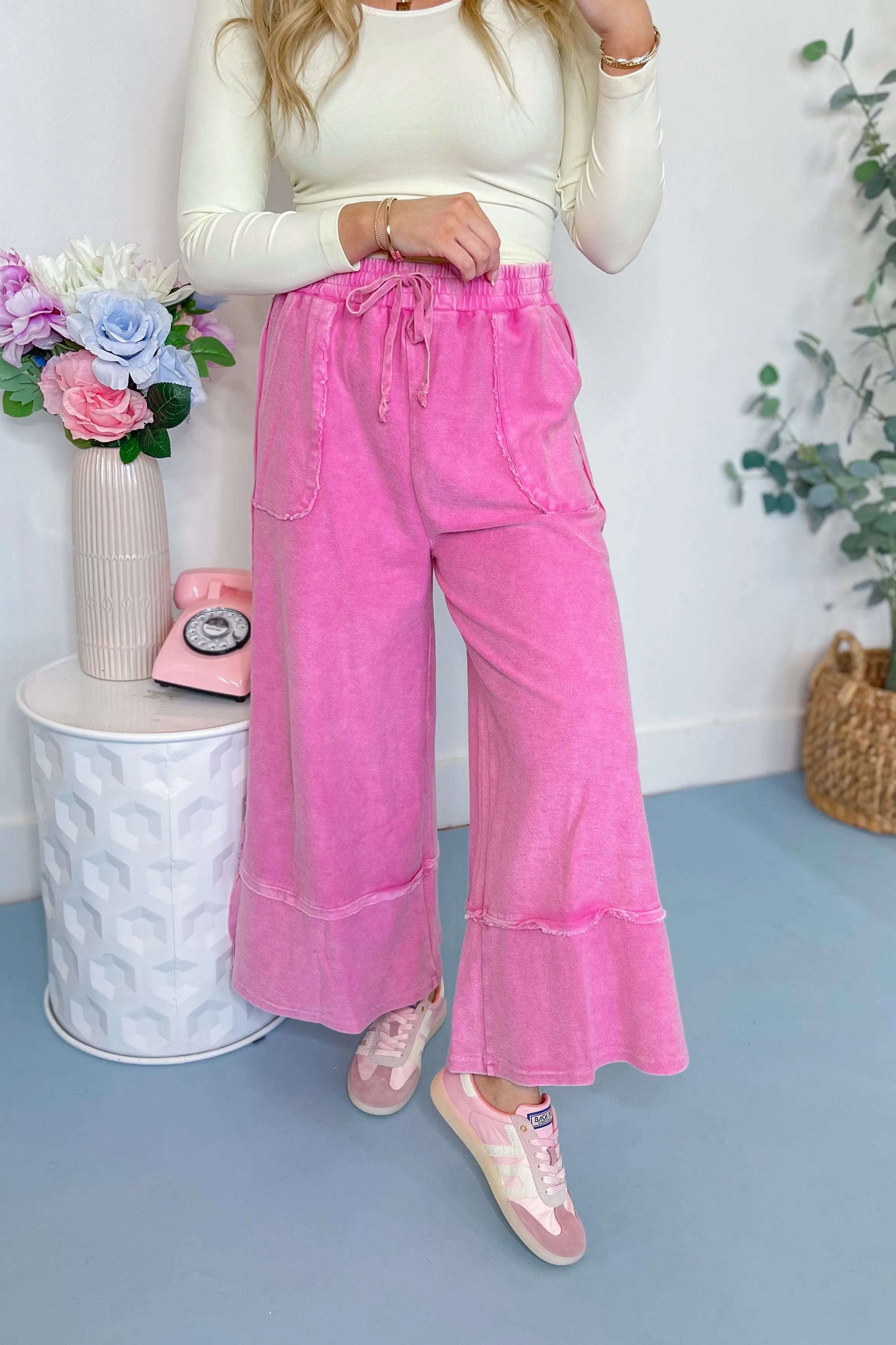 Caris Mineral Washed Upside Down Terry Knit Wide Leg Palazzo Pants