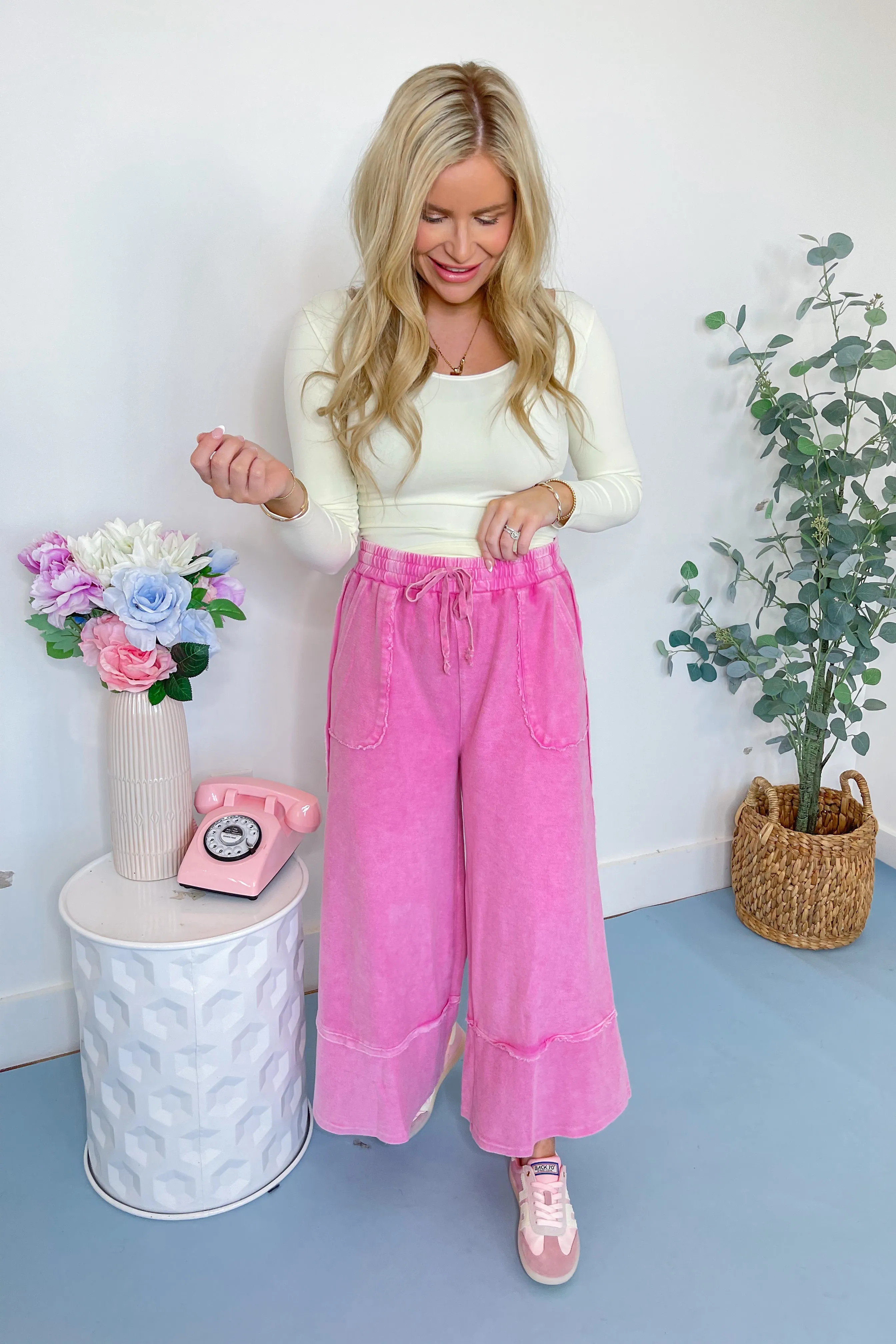 Caris Mineral Washed Upside Down Terry Knit Wide Leg Palazzo Pants
