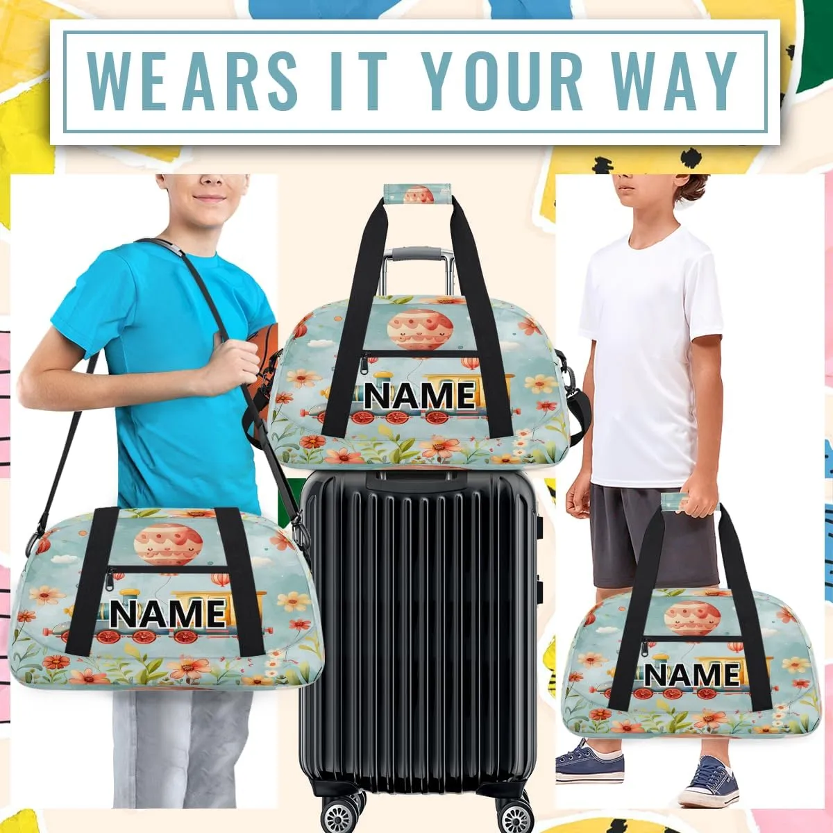 Carton Train Mini Gym Bag 18 inch for Women Men Waterproof Custom Cute Train Travel Duffel Bag Carry On Overnight Tote Nurse Bag for Work Fitness Hiking