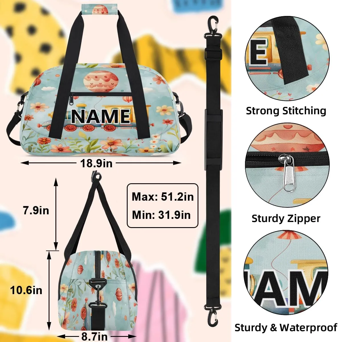 Carton Train Mini Gym Bag 18 inch for Women Men Waterproof Custom Cute Train Travel Duffel Bag Carry On Overnight Tote Nurse Bag for Work Fitness Hiking