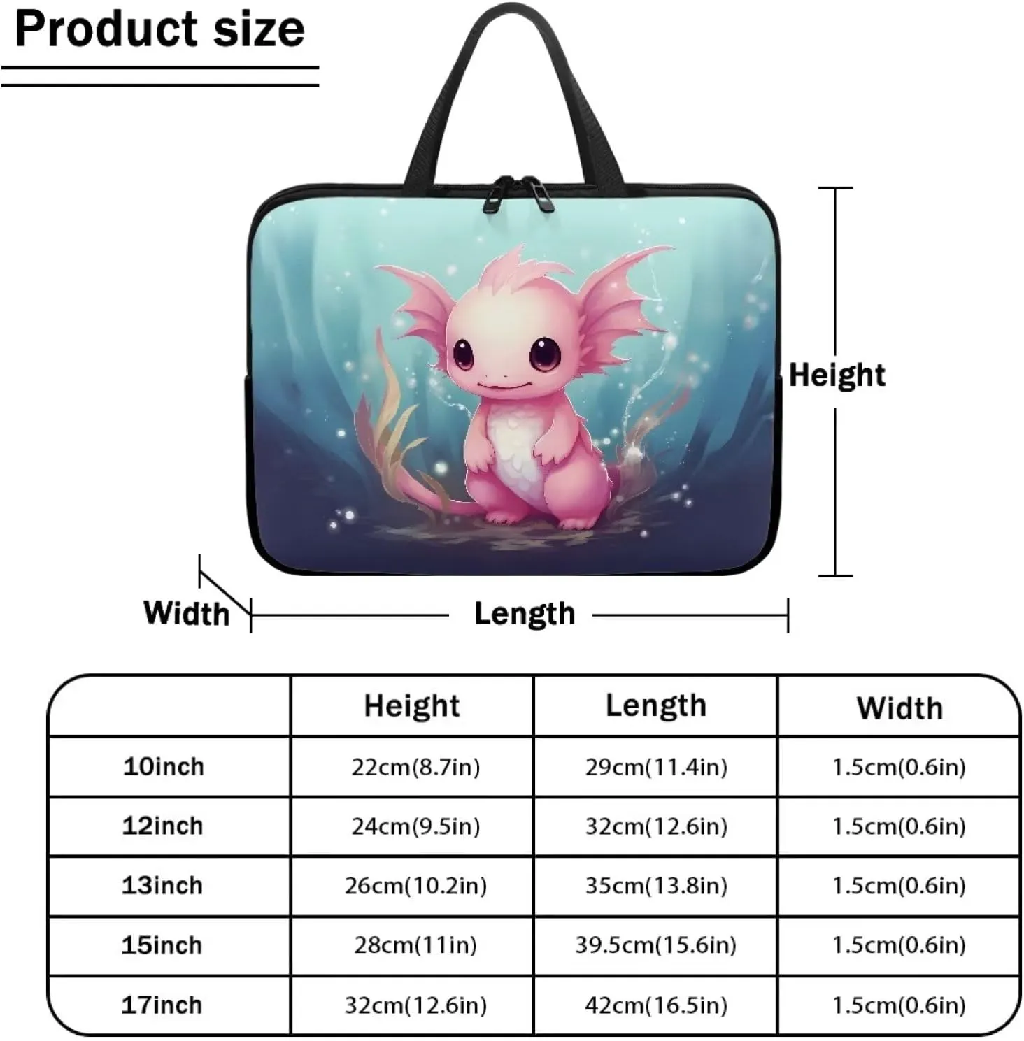 Cartoon Axolotl Pink Print Laptop Sleeve Case Briefcase Compatible with 10-17inch Lightweight Travel Laptop Bag with Handle Waterproof Carrying Bag for Student Work Study, 15inch
