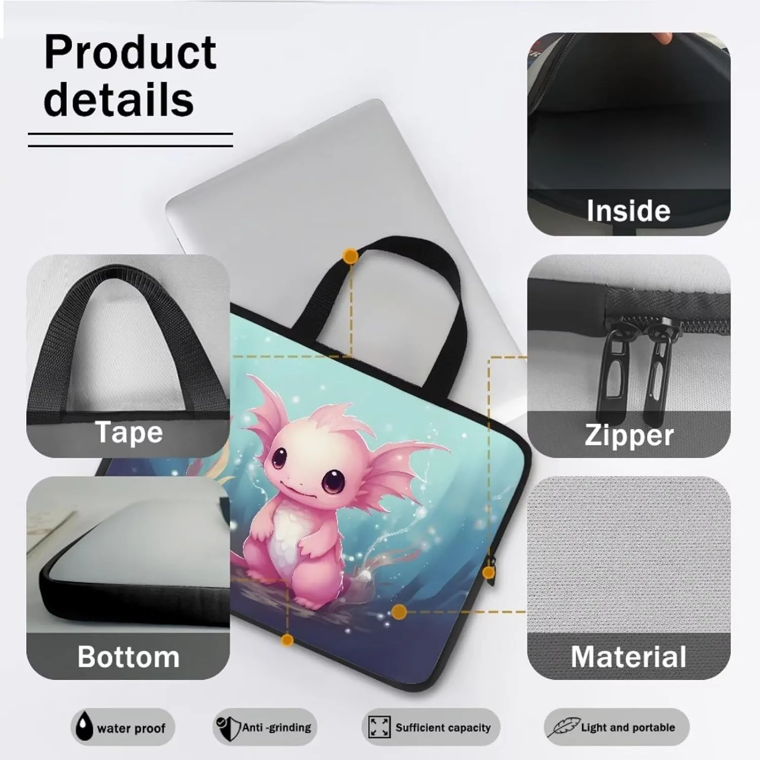 Cartoon Axolotl Pink Print Laptop Sleeve Case Briefcase Compatible with 10-17inch Lightweight Travel Laptop Bag with Handle Waterproof Carrying Bag for Student Work Study, 15inch