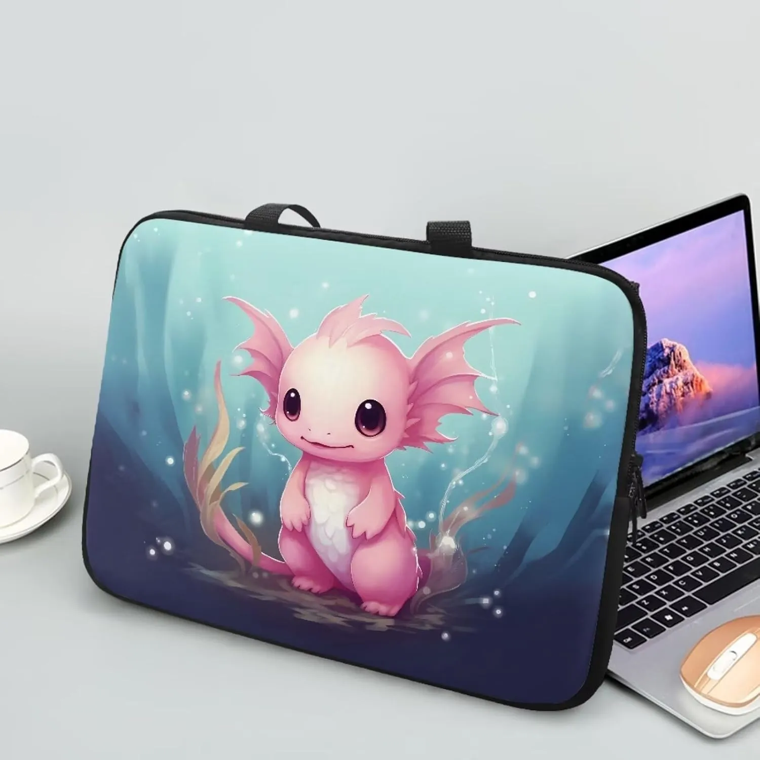 Cartoon Axolotl Pink Print Laptop Sleeve Case Briefcase Compatible with 10-17inch Lightweight Travel Laptop Bag with Handle Waterproof Carrying Bag for Student Work Study, 15inch