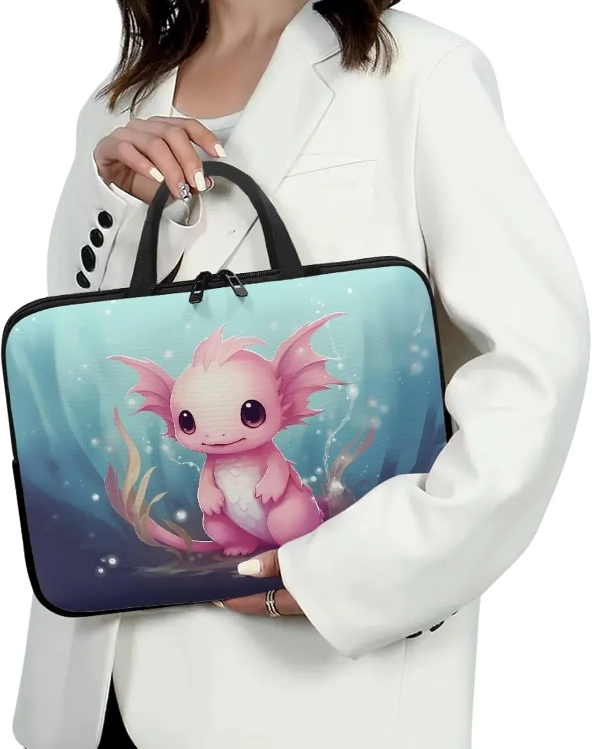 Cartoon Axolotl Pink Print Laptop Sleeve Case Briefcase Compatible with 10-17inch Lightweight Travel Laptop Bag with Handle Waterproof Carrying Bag for Student Work Study, 15inch