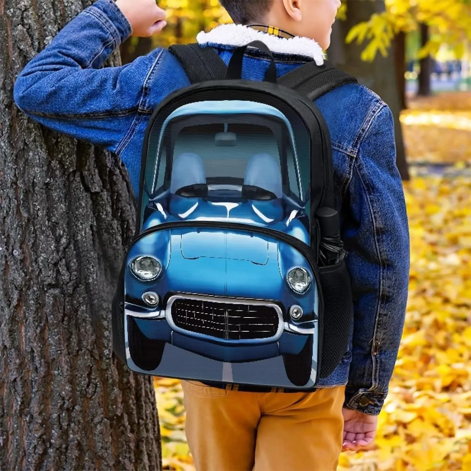 Cartoon Car Print Backpacks for Boys Girls Durable Soft Padded Back Lightweight School Bookbag Kids Student Campus Travel Large Capacity 17 Inch Cute Backpack with Front Pocket