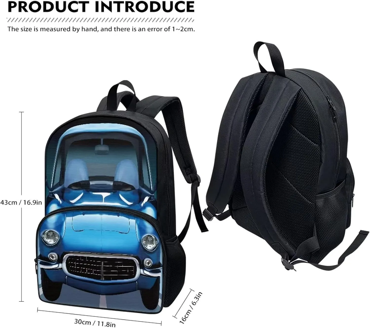 Cartoon Car Print Backpacks for Boys Girls Durable Soft Padded Back Lightweight School Bookbag Kids Student Campus Travel Large Capacity 17 Inch Cute Backpack with Front Pocket