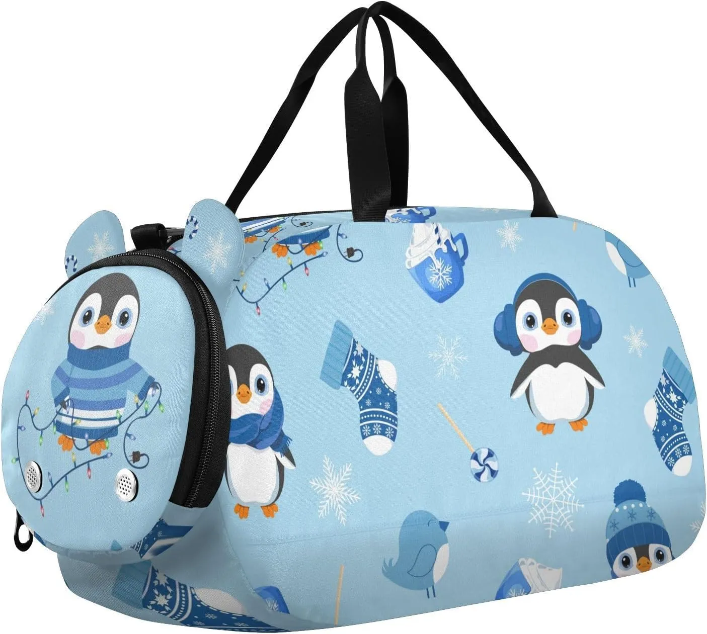 Cartoon Christmas Penguin Gym Travel Duffel Bag with Shoe Compartment for Boys Girls - Gymnastics Sports Dance Football Travel Bag Teens Weekender Sleepover