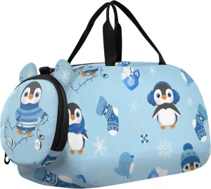 Cartoon Christmas Penguin Gym Travel Duffel Bag with Shoe Compartment for Boys Girls - Gymnastics Sports Dance Football Travel Bag Teens Weekender Sleepover