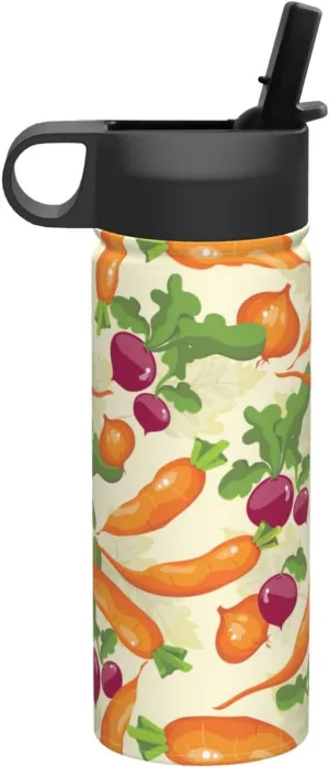Cartoon Vegetables Print Flask Stainless Steel Water Bottle with Straw 18OZ FOR Outdoor Gym Commute