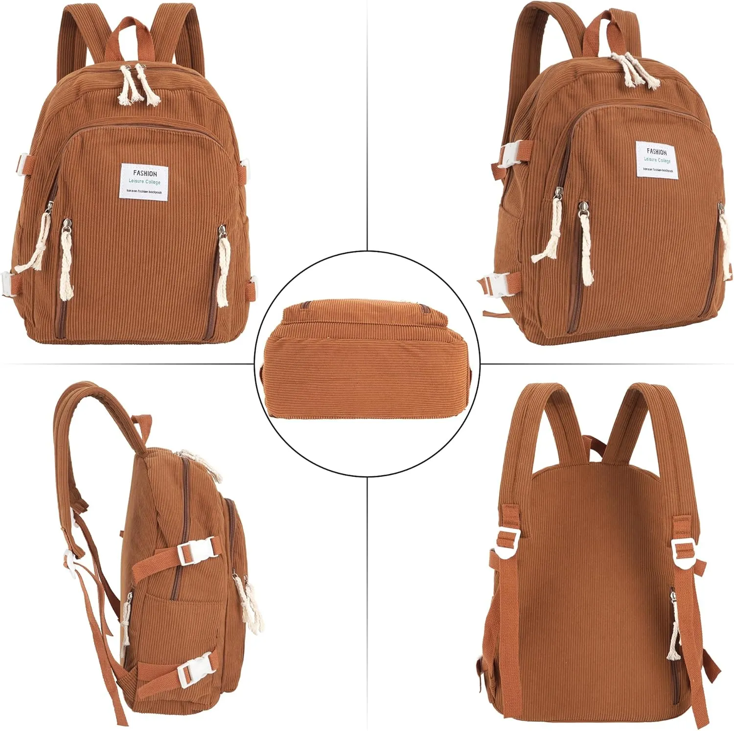 Casual Corduroy Backpack Travel Daypack Book Bag Laptop Bag for Women Men, AB-Brown