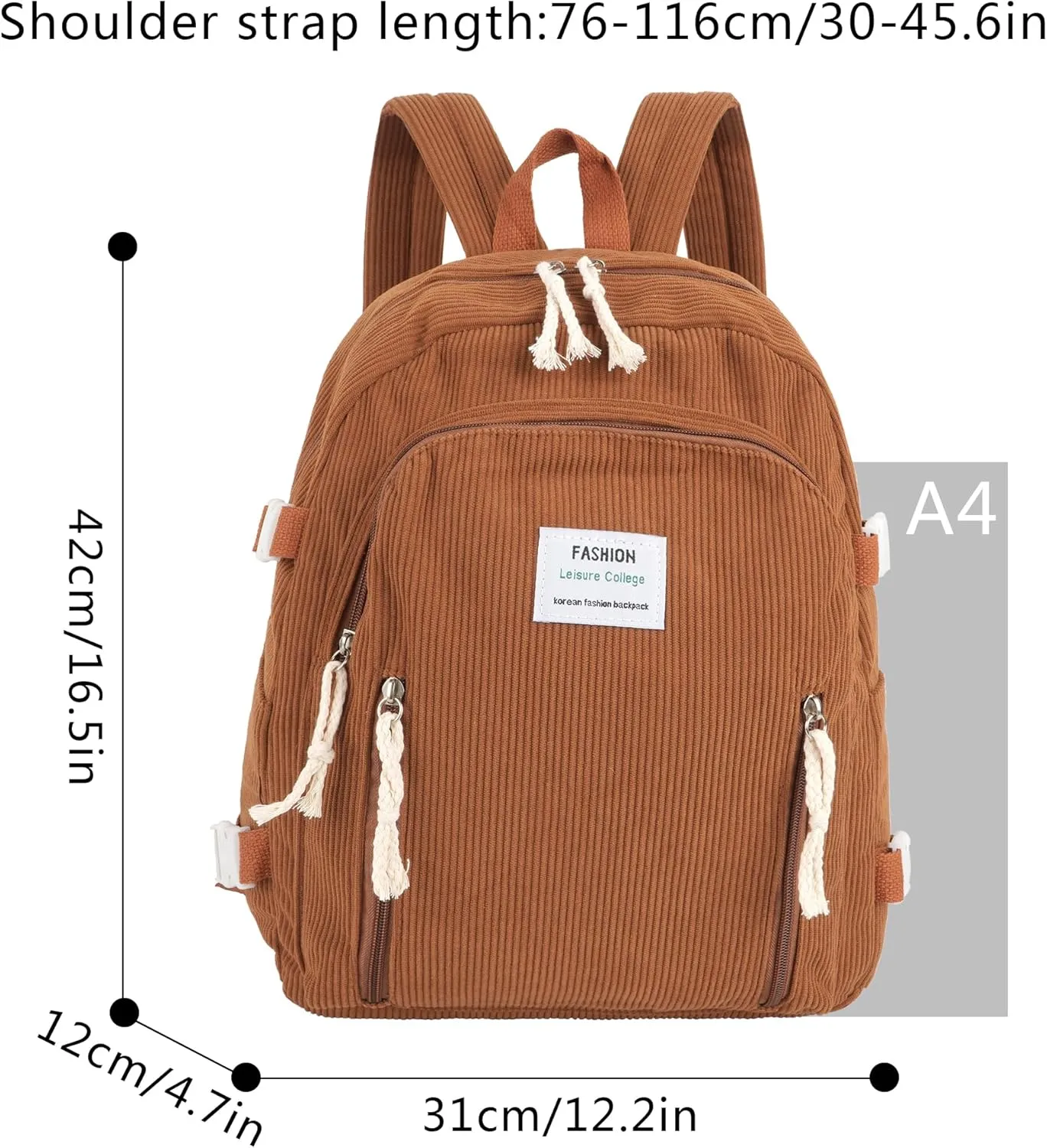 Casual Corduroy Backpack Travel Daypack Book Bag Laptop Bag for Women Men, AB-Brown