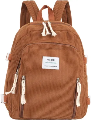 Casual Corduroy Backpack Travel Daypack Book Bag Laptop Bag for Women Men, AB-Brown