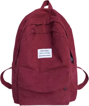 Casual Corduroy Backpack Travel Daypack Book Bag Laptop Bag for Women Men, Dark Red