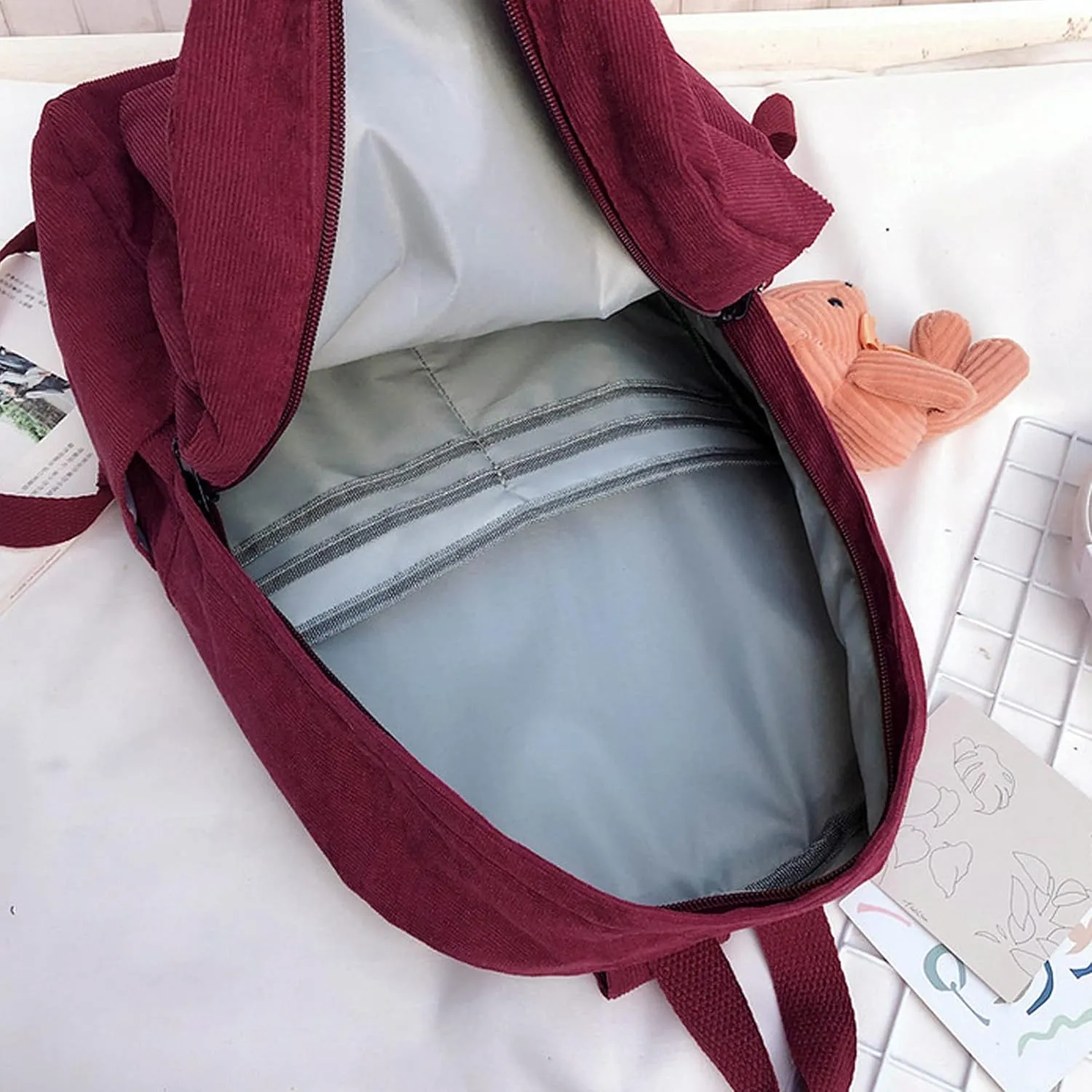 Casual Corduroy Backpack Travel Daypack Book Bag Laptop Bag for Women Men, Dark Red