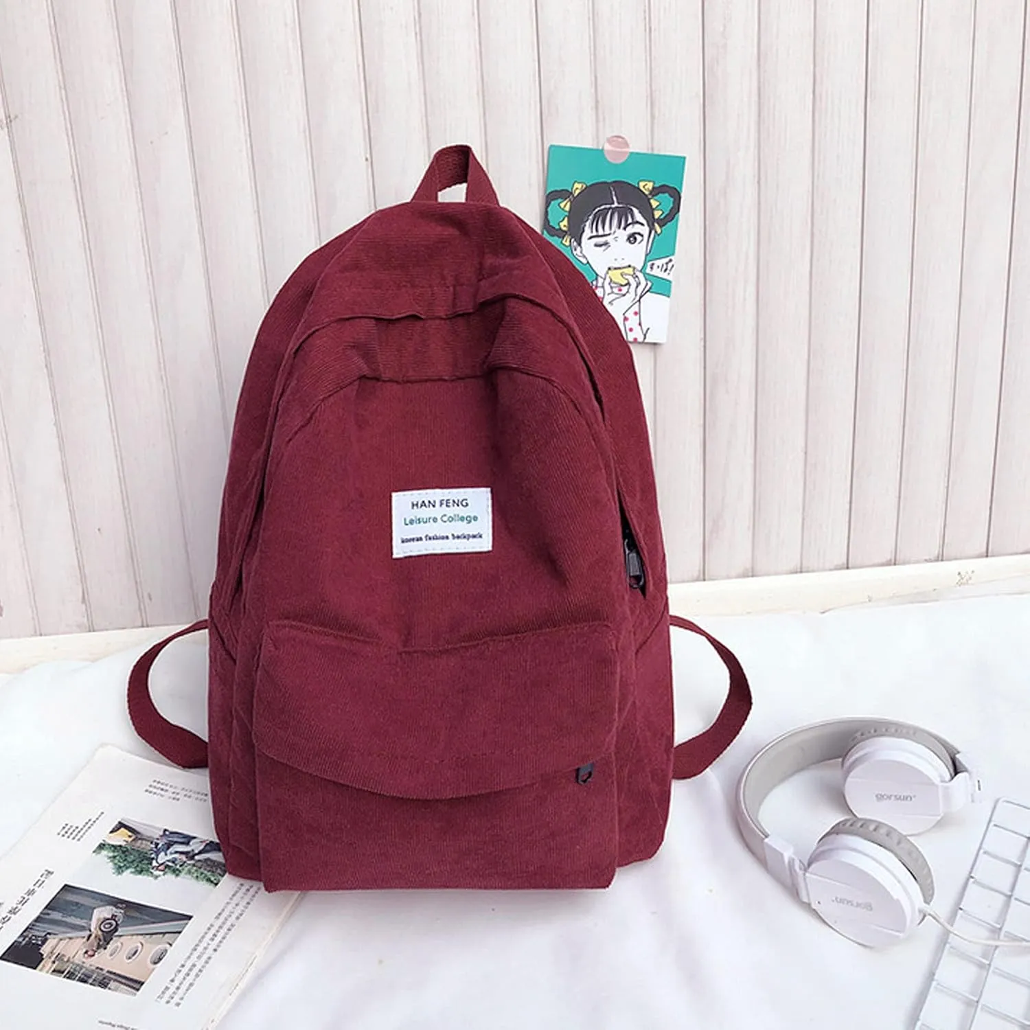 Casual Corduroy Backpack Travel Daypack Book Bag Laptop Bag for Women Men, Dark Red