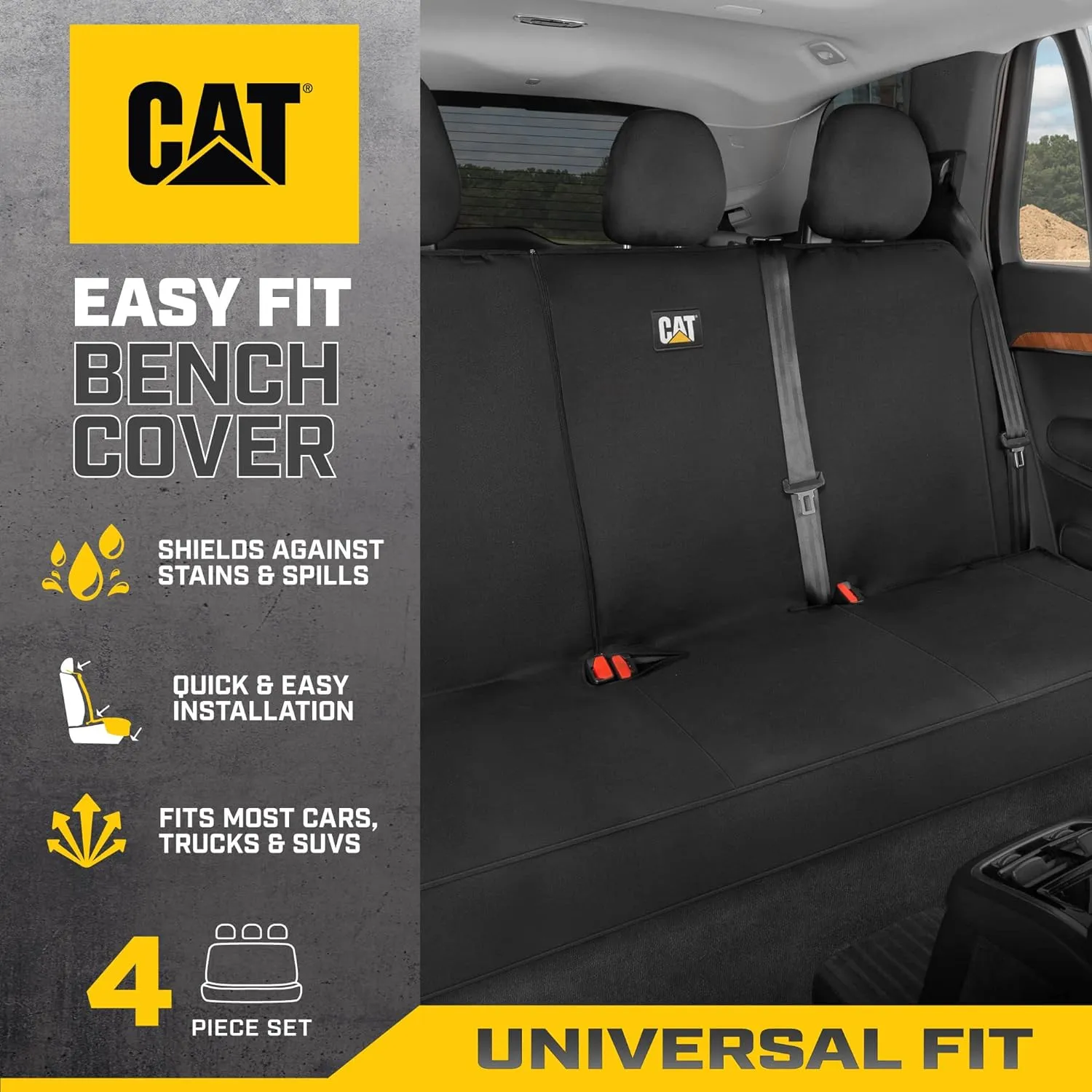 Cat Flexfit™ Black Rear Seat Cover for Car, SUV, & Truck - Durable Canvas Material Back Car Seat Covers 60/40 Split Bench Protector - Back Seat Cover & Back Seat Protector Interior Accessories