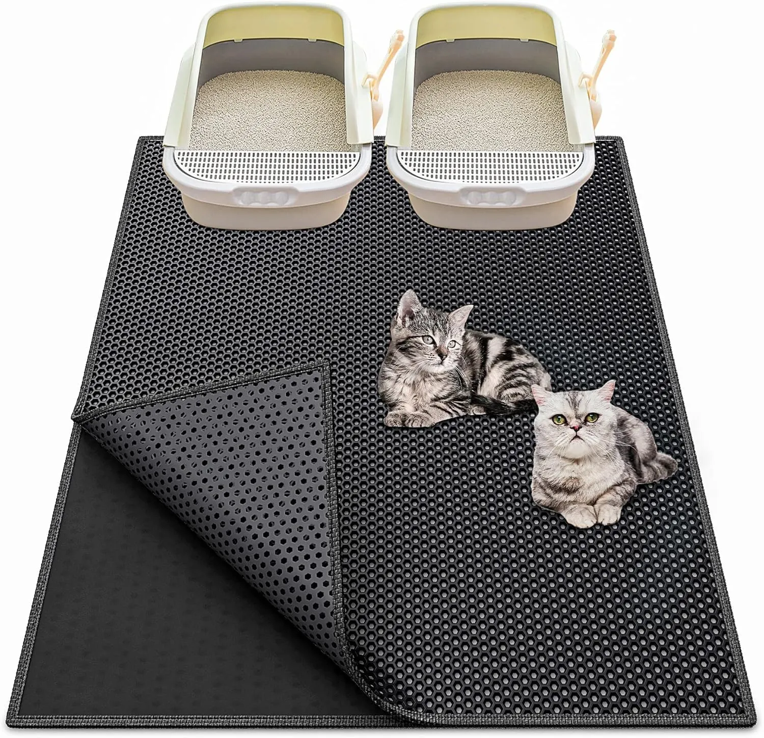 Cat Litter Box Mat: 36"x 30" Waterproof Kitty Cat Litter Trapping Mat, Easy-clean Double-layer Scatter Control Pad Rug (Black)