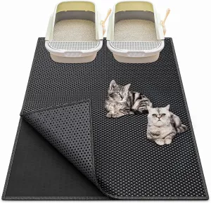Cat Litter Box Mat: 36"x 30" Waterproof Kitty Cat Litter Trapping Mat, Easy-clean Double-layer Scatter Control Pad Rug (Black)