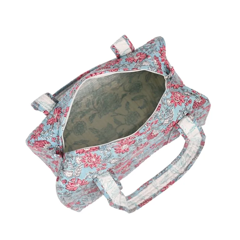 CATHARANTHUS HAND BLOCK PRINTED QUILTED TRAVEL MICRO DUFFLE BAG