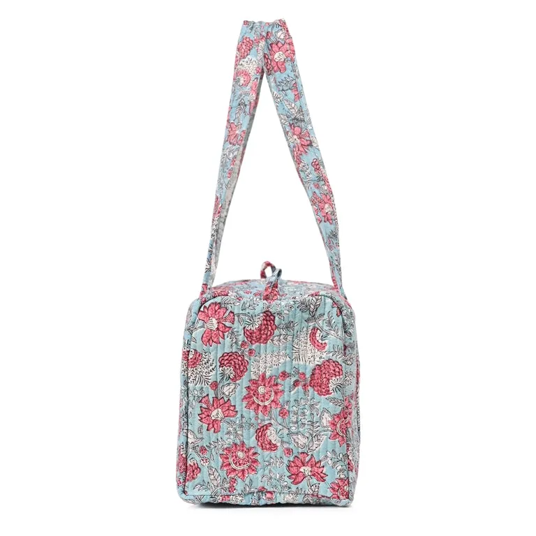 CATHARANTHUS HAND BLOCK PRINTED QUILTED TRAVEL MICRO DUFFLE BAG