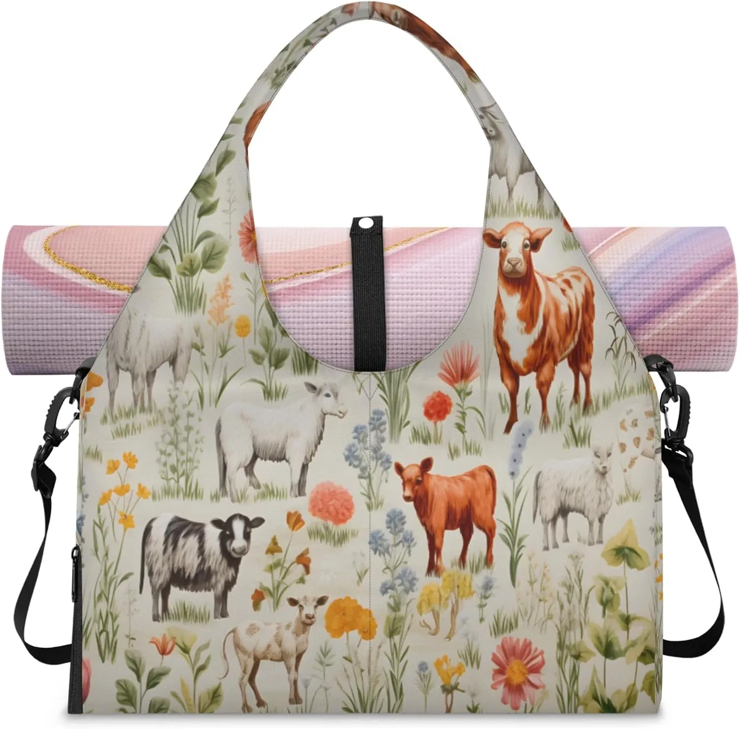 Cattle and sheep herd Women's Yoga Gym Bag - Adjustable shoulder strap with shoe compartment, large gym bag with multiple pockets for yoga mat, gym equipment and travel accessories
