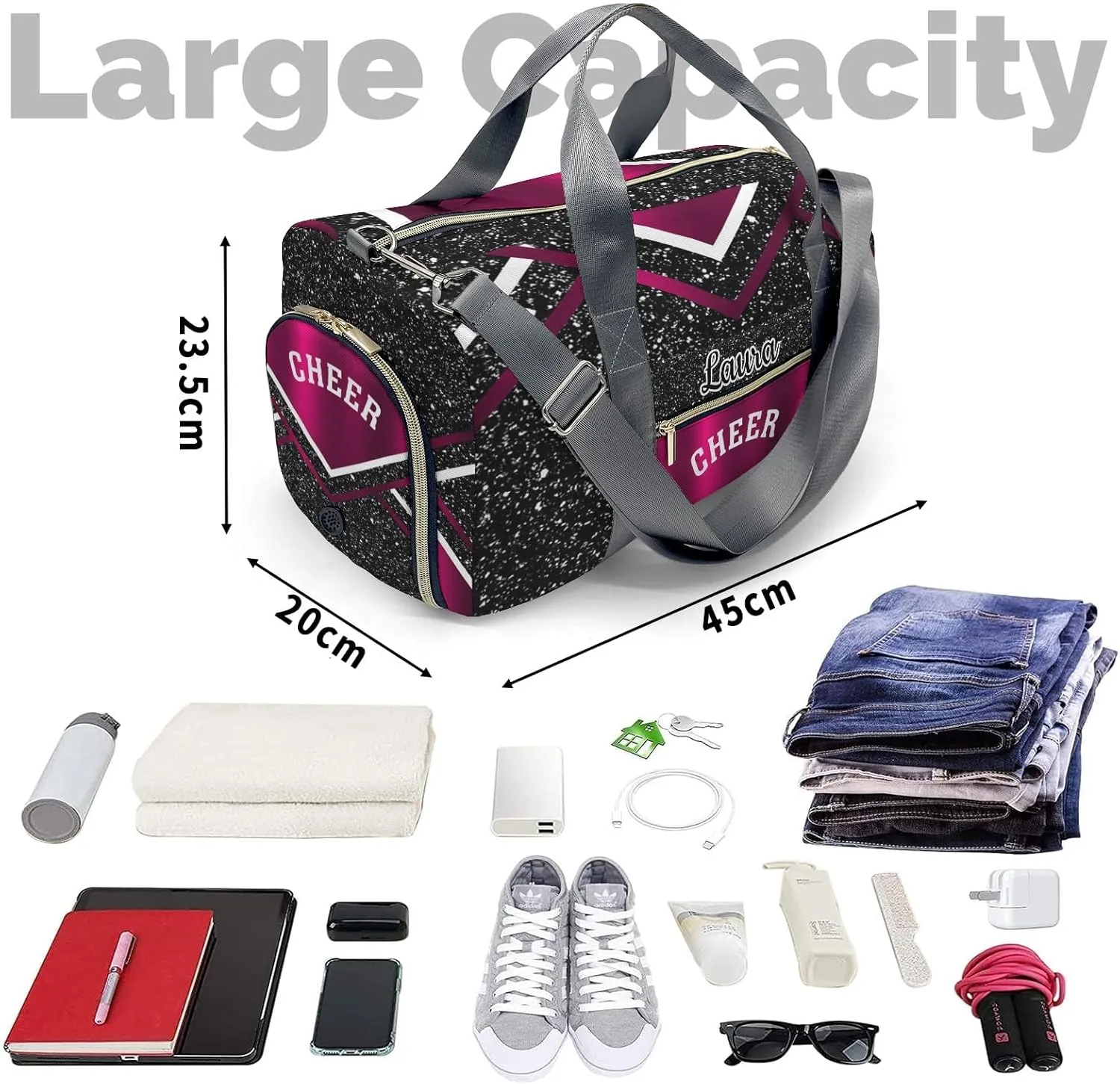 Cheer Cheerleader Sports Duffel Bag Travel Duffle Gym Bags Weekender Bag with Shoe Compartments (Dark Red)