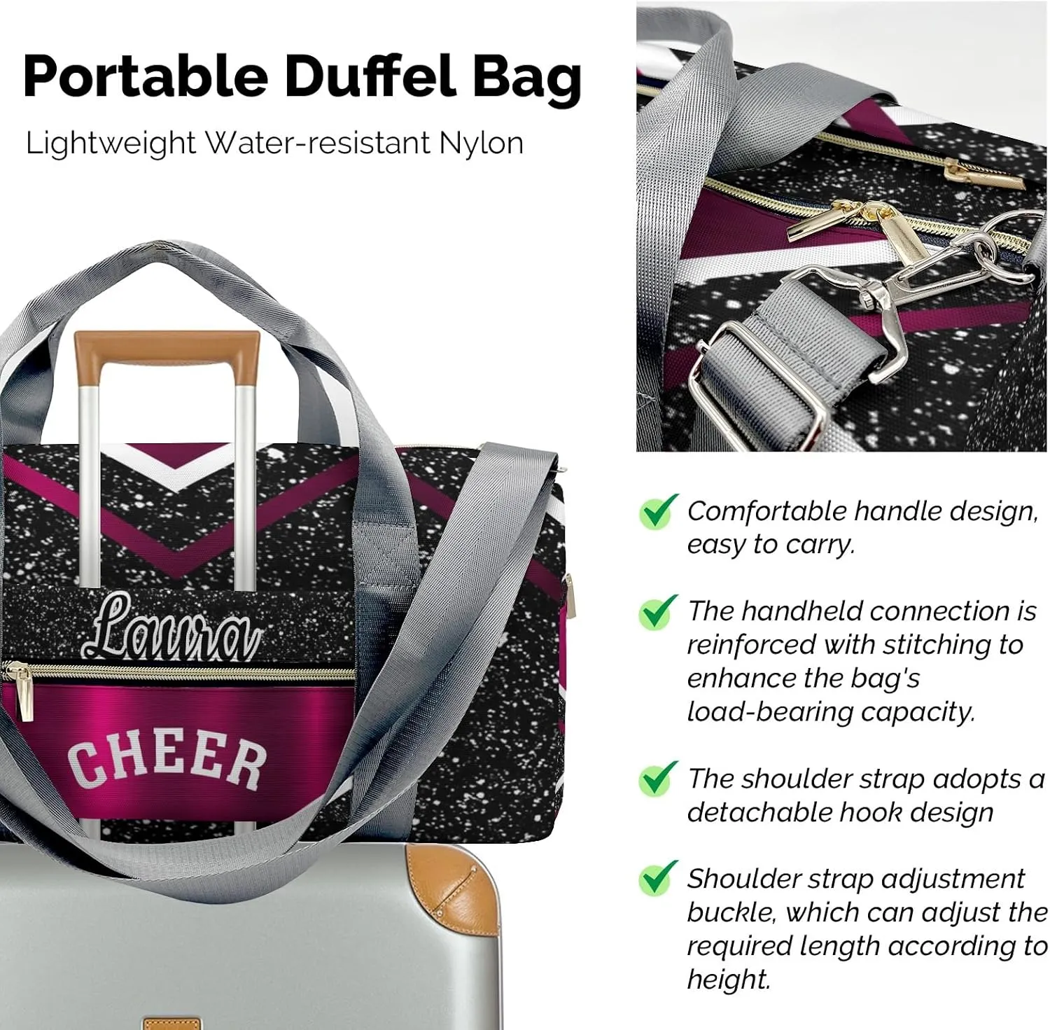 Cheer Cheerleader Sports Duffel Bag Travel Duffle Gym Bags Weekender Bag with Shoe Compartments (Dark Red)