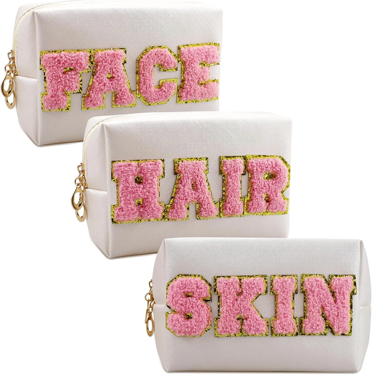 Chenille Letter Patch Makeup Bag, Preppy Cosmetic Bag PU Leather Skincare Bag with Zipper, Toiletry Bag Waterproof Travel Organizer Bag for Women Face Hair Skin Makeup Bag 3 Pcs