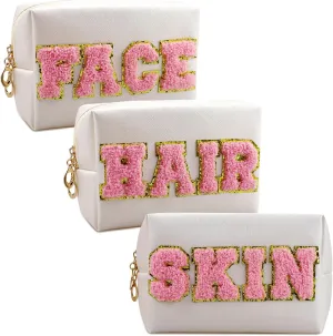 Chenille Letter Patch Makeup Bag, Preppy Cosmetic Bag PU Leather Skincare Bag with Zipper, Toiletry Bag Waterproof Travel Organizer Bag for Women Face Hair Skin Makeup Bag 3 Pcs