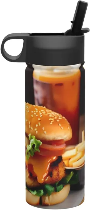 Chicken leg burger drink Print Flask Stainless Steel Water Bottle with Straw 18OZ FOR Outdoor Gym Commute