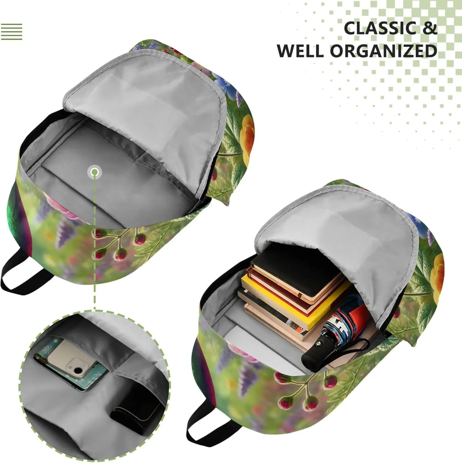 CHIFIGNO Animal Print Cute Backpack for Women Daypack Colorful Hummingbird Bright Spring Bookpack Backpack for Girls Bookbag