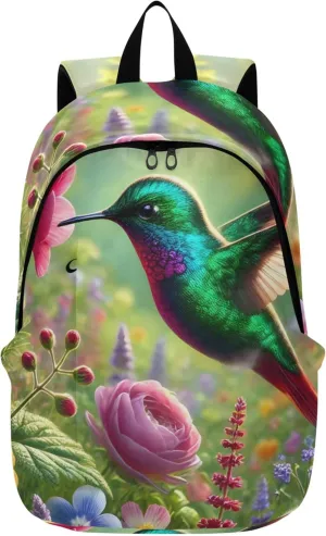 CHIFIGNO Animal Print Cute Backpack for Women Daypack Colorful Hummingbird Bright Spring Bookpack Backpack for Girls Bookbag