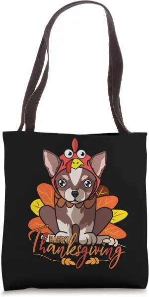 Chihuahua Dog Greets Happy Thanksgiving Turkey Black Tote Bag