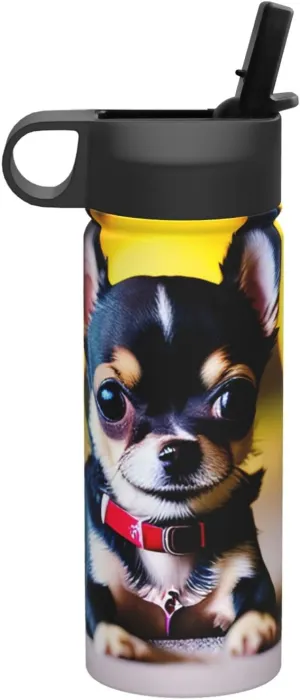 Chihuahua Dog Print Flask Stainless Steel Water Bottle with Straw 18OZ FOR Outdoor Gym Commute