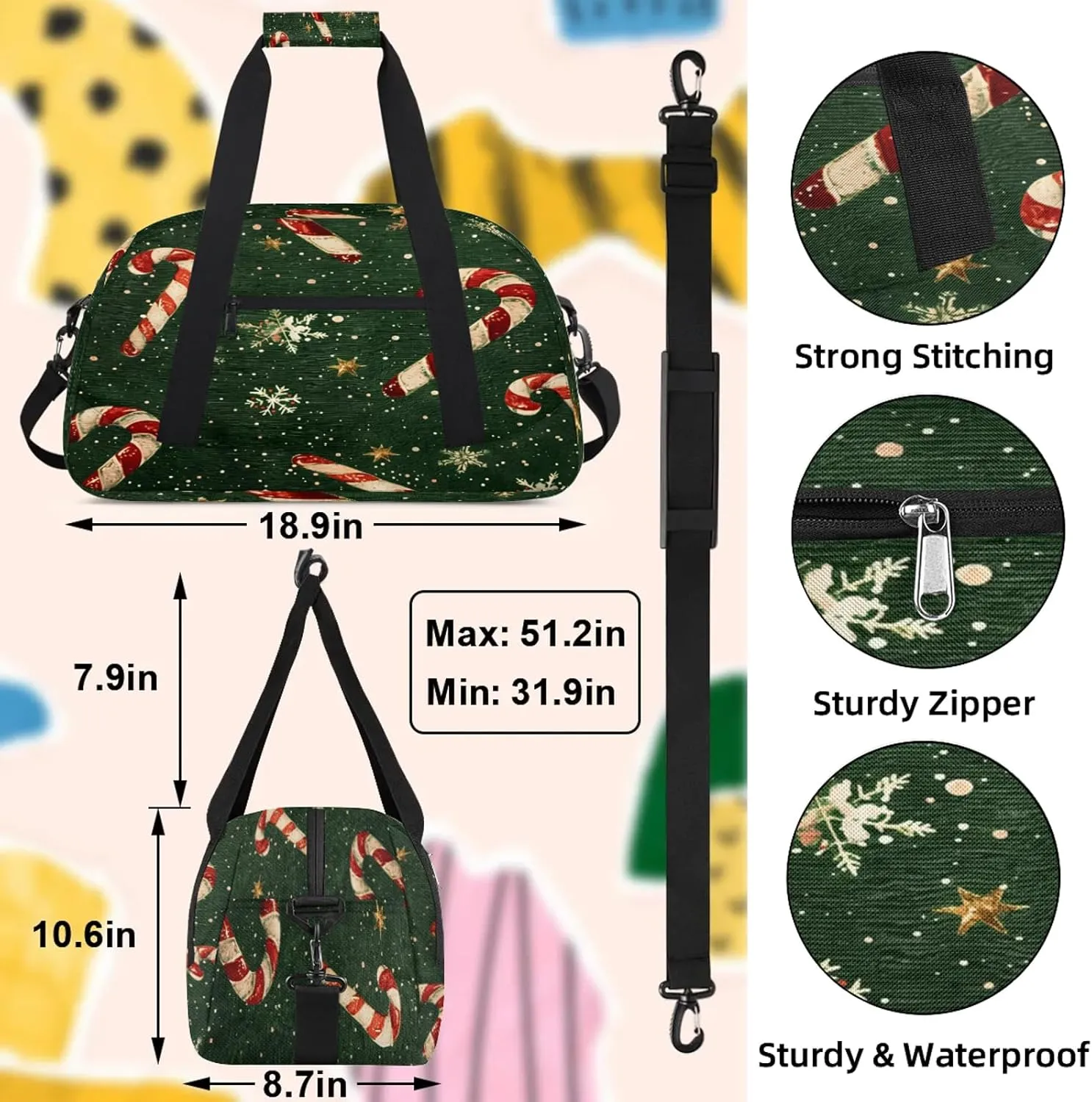 Christmas Candy Small Gym Bag 18 inch Carry On Duffel Bag for Weekender Travel Sports Workout Yoga Gymnastics Dance Ballet
