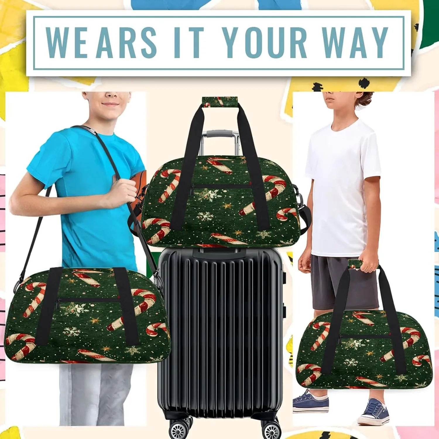 Christmas Candy Small Gym Bag 18 inch Carry On Duffel Bag for Weekender Travel Sports Workout Yoga Gymnastics Dance Ballet