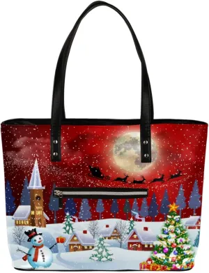 Christmas Carnival Tote Bag Women Shoulder Handbags PU Leather Everyday Bag with External Pocket Large Capacity Aesthetic Corduroy Tote Bag for Travel Work Party