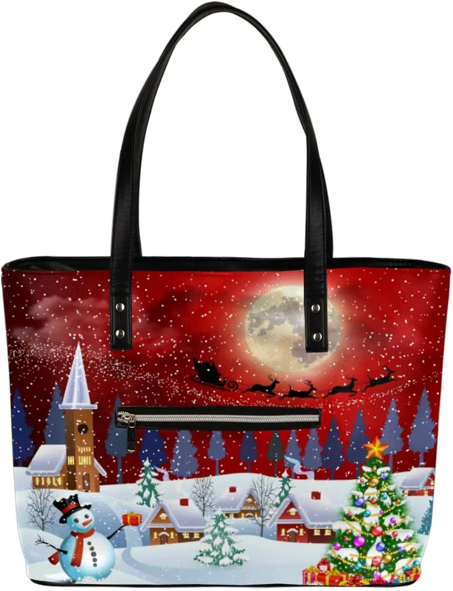 Christmas Carnival Tote Bag Women Shoulder Handbags PU Leather Everyday Bag with External Pocket Large Capacity Aesthetic Corduroy Tote Bag for Travel Work Party