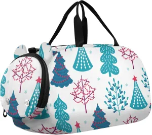 Christmas Fir Trees Snowflakes Gym Travel Duffel Bag with Shoe Compartment for Boys Girls - Gymnastics Sports Dance Football Travel Bag Teens Weekender Sleepover