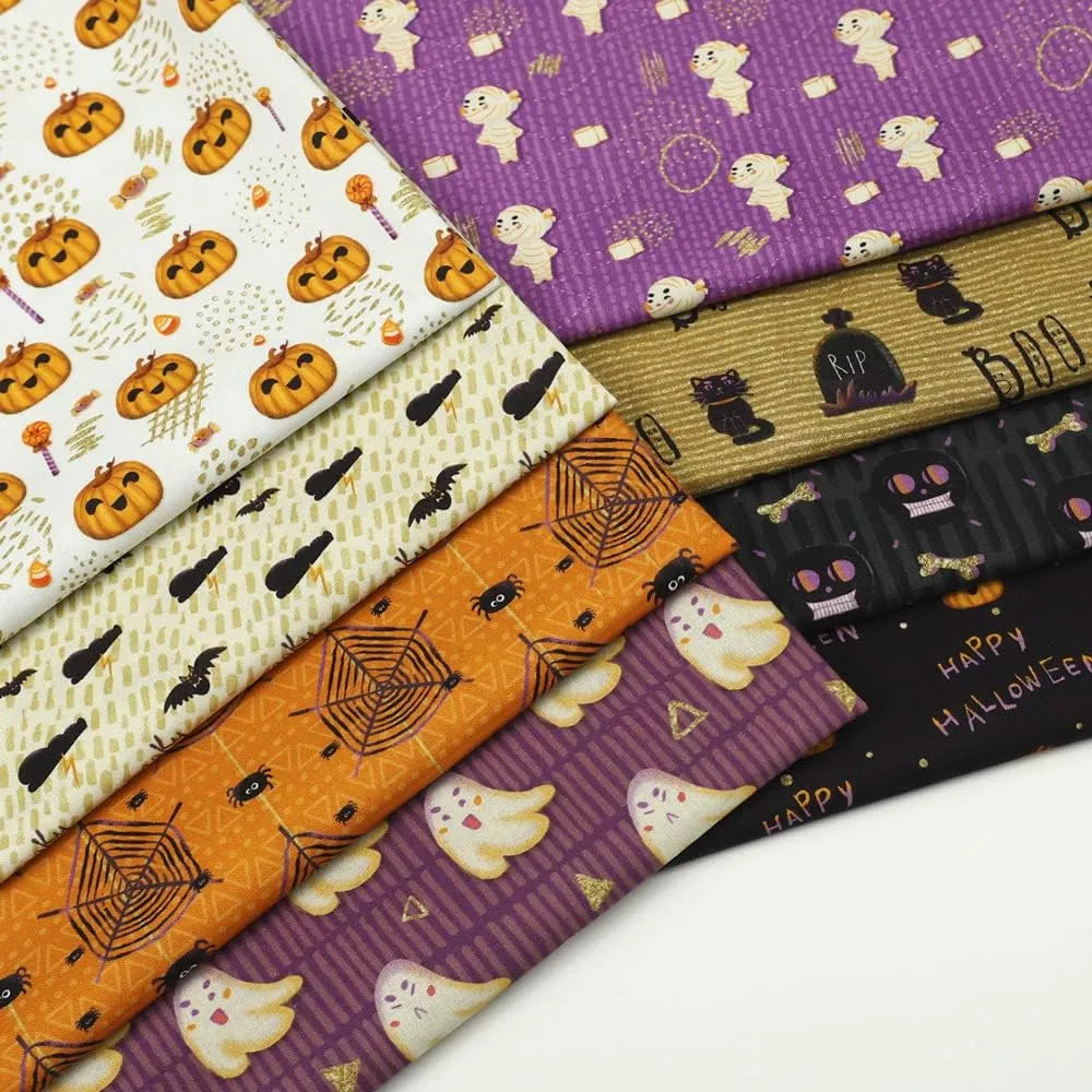 Chuanshui 8 PCS 21.6 x 18.5 inches (55 x 47 CM) 100% Cotton Craft Fabric Bundle for Patchwork 8 Different Pattern Pre-Cut Quilting Fabric Fat Quarter Square for DIY Craft Sewing (Halloween Pattern)