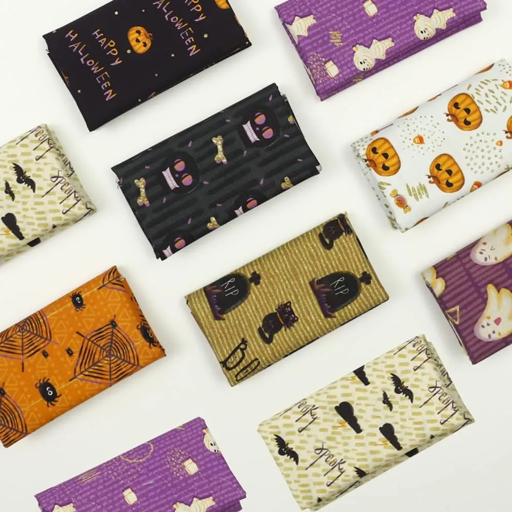 Chuanshui 8 PCS 21.6 x 18.5 inches (55 x 47 CM) 100% Cotton Craft Fabric Bundle for Patchwork 8 Different Pattern Pre-Cut Quilting Fabric Fat Quarter Square for DIY Craft Sewing (Halloween Pattern)