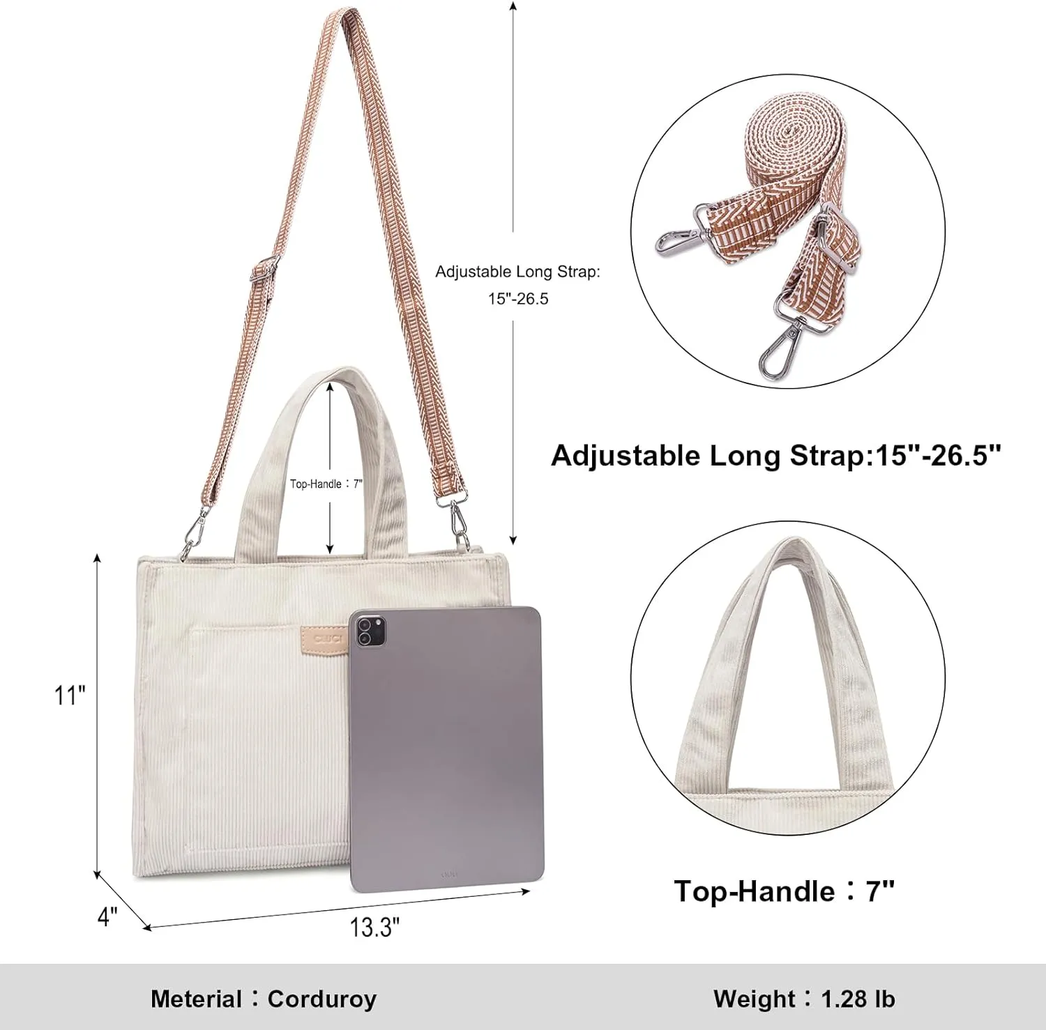 CLUCI Corduroy Tote Bag For Women Casual Zipper Tote Fashion Shoulder Handbag Hobo Bag