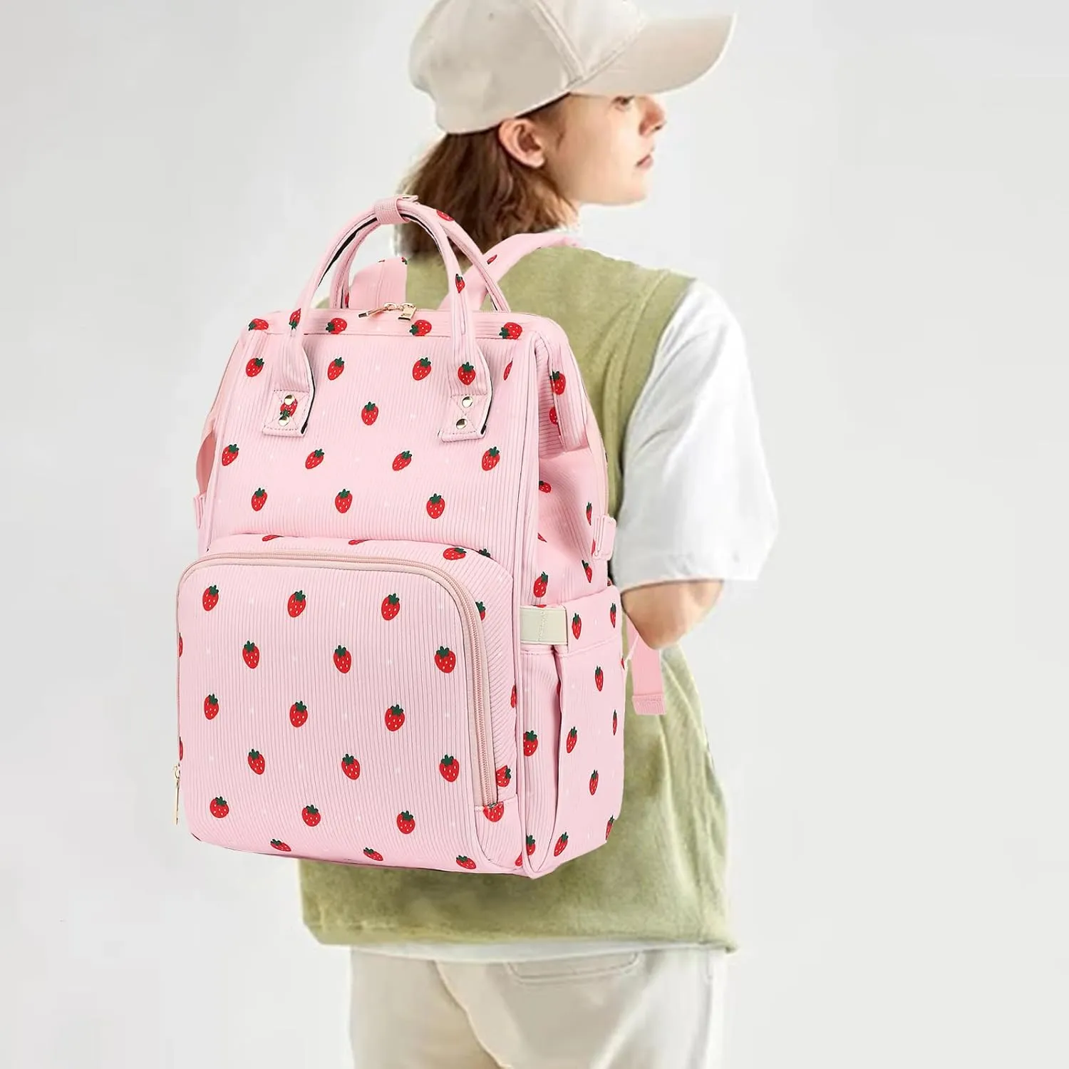 College Laptop Backpack, Travel Backpack for Women, Corduroy Casual Daypack, School Backpack Bookbag for Girls (Pink Corduroy Strawberry)