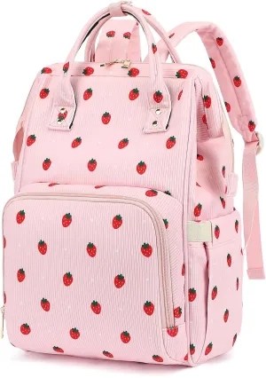 College Laptop Backpack, Travel Backpack for Women, Corduroy Casual Daypack, School Backpack Bookbag for Girls (Pink Corduroy Strawberry)